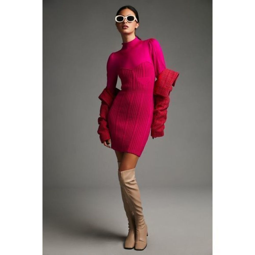 Anthropologie Pink Sweater Knit Long Sleeve Mini Dress Turtleneck Jumper Small